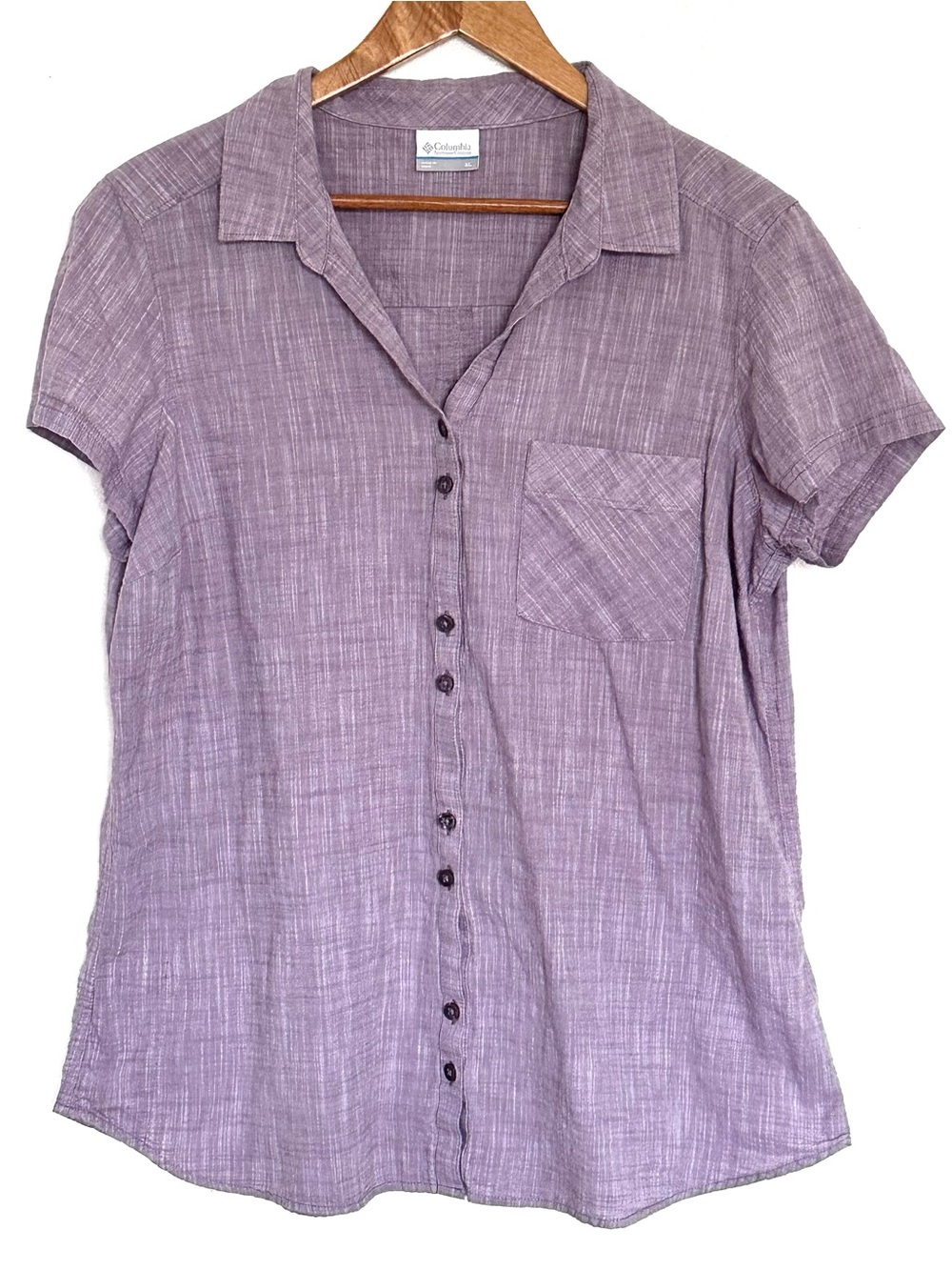 Columbia Shirt Women’s XL Purple Cotton Button Up Short Sleeve Pocket Collar Top